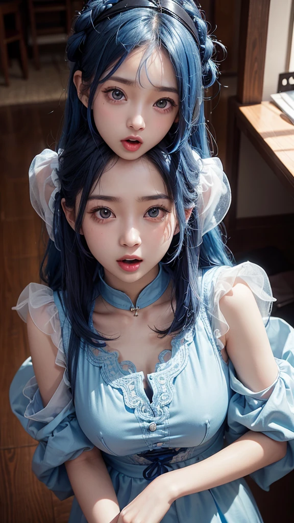 high resolution、Twin sisters、Sexy clothes、See-through、Innocent face、Sticking out tongue、Looking up、Blue Hair、Uncle