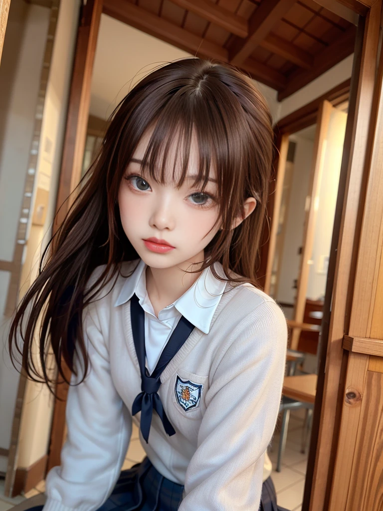 1girl, solo, pantyhose, school uniform, skirt, long hair, flip skirt, brown eyes, brown hair, lift up clothes, sitting, looking at the audience, serafuku, lift yourself, realistic, underwear, brunette hair