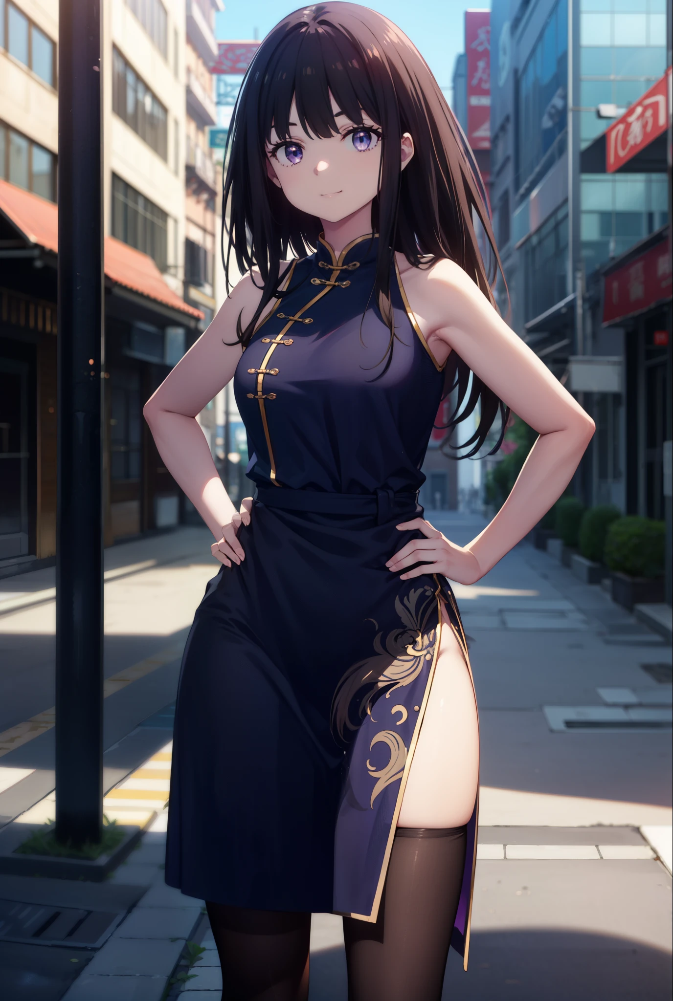 Takiuchi, Check it out, Long Hair, bangs, Black Hair, (Purple eyes:1.2),happy smile, smile, Close your mouth,Bossy,
Sleeveless blue Chinese dress,Blue long slit,Black pantyhose,Stiletto heels,whole bodyがイラストに入るように,Place your hands on your hips,
break outdoors,Building district,
break looking at viewer, whole body,
break (masterpiece:1.2), Highest quality, High resolution, unity 8k wallpaper, (shape:0.8), (Fine and beautiful eyes:1.6), Highly detailed face, Perfect lighting, Highly detailed CG, (Perfect hands, Perfect Anatomy),
break outdoors, city,
break looking at viewer, (Cowboy Shot:1.5),
break (masterpiece:1.2), Highest quality, High resolution, unity 8k wallpaper, (figure:0.8), (Beautiful attention to detail:1.6), Highly detailed face, Perfect lighting, Highly detailed CG, (Perfect hands, Perfect Anatomy),