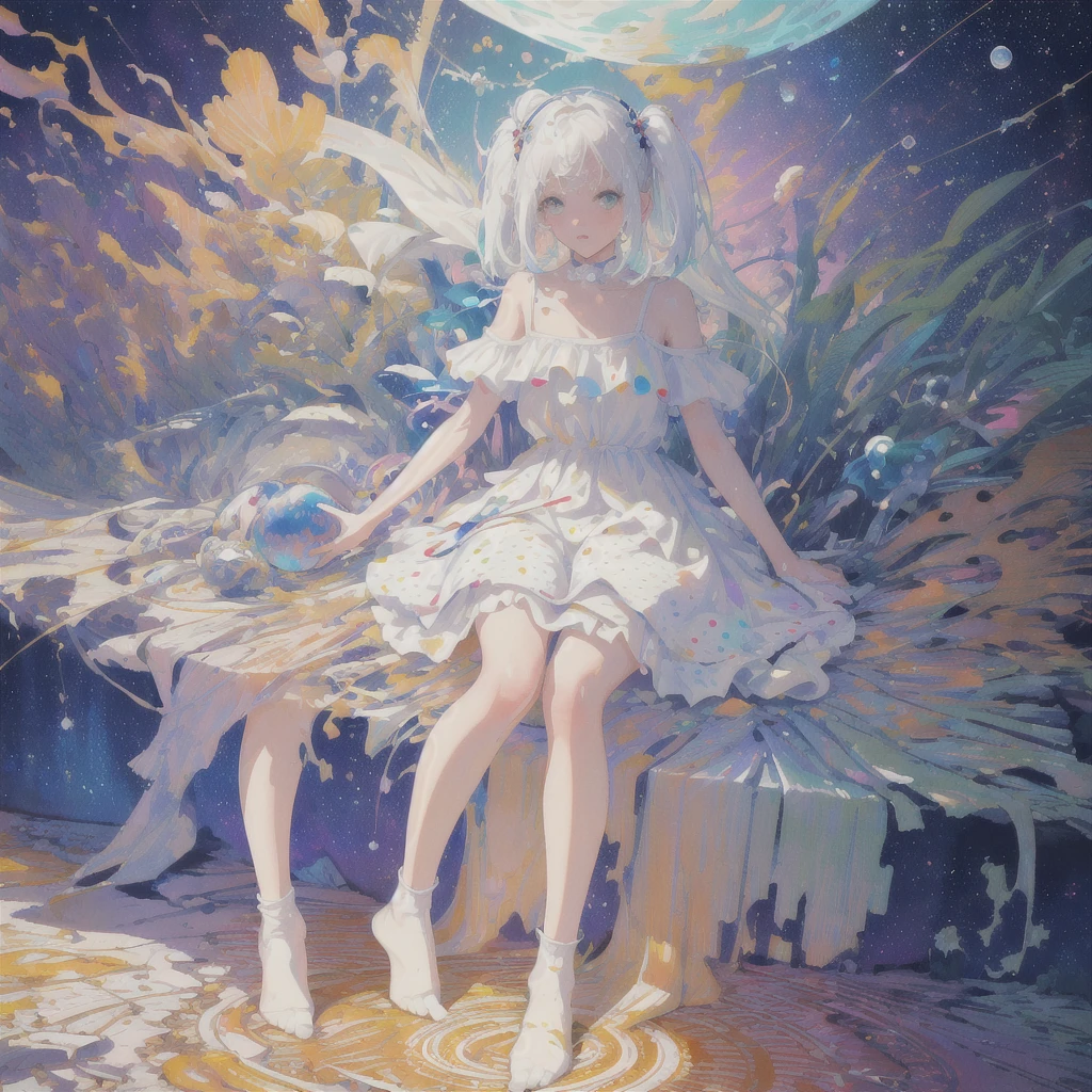 (masterpiece, best quality:1.2), (ultra detailed),(illustration), wallpaper, original, 1girl, messy white hair, spaghetti strap, white dress, bare legs, White socks, bare arms, space, Earth background, near-earth orbit, full body, ,(surrounded by colorful splashes and dot),colorful bubble,(shining)