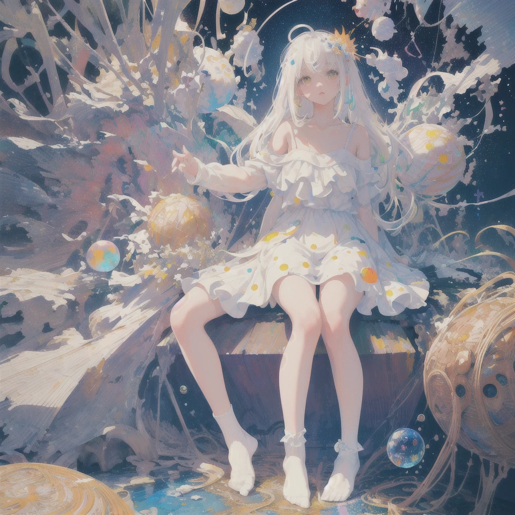 (masterpiece, best quality:1.2), (ultra detailed),(illustration), wallpaper, original, 1girl, messy white hair, spaghetti strap, white dress, bare legs, White socks, bare arms, space, Earth background, near-earth orbit, full body, ,(surrounded by colorful splashes and dot),colorful bubble,(shining)