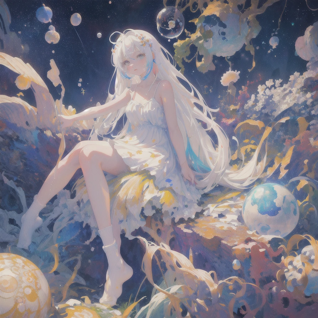 (masterpiece, best quality:1.2), (ultra detailed),(illustration), wallpaper, original, 1girl, messy white hair, spaghetti strap, white dress, bare legs, White socks, bare arms, space, Earth background, near-earth orbit, full body, ,(surrounded by colorful splashes and dot),colorful bubble,(shining)