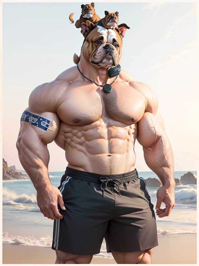 A man holds a bulldog on his head,Posing for a photo, muscular的性格, Exaggerated muscular physique, muscular的体格, Big Muscle, Extreme muscles, muscular,Frightening, wrinkles and muscles, Dog Face Muscle Goblin, muscular, very beautiful. Big Muscles, muscular的性格s, muscular的牛头人, Muscle bulge, muscular, Big Muscle