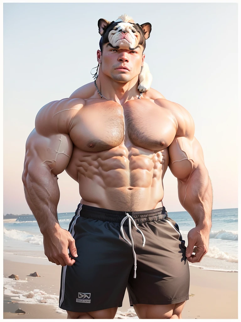 A man holds a bulldog on his head,Posing for a photo, muscular的性格, Exaggerated muscular physique, muscular的体格, Big Muscle, Extreme muscles, muscular,Frightening, wrinkles and muscles, Dog Face Muscle Goblin, muscular, very beautiful. Big Muscles, muscular的性格s, muscular的牛头人, Muscle bulge, muscular, Big Muscle