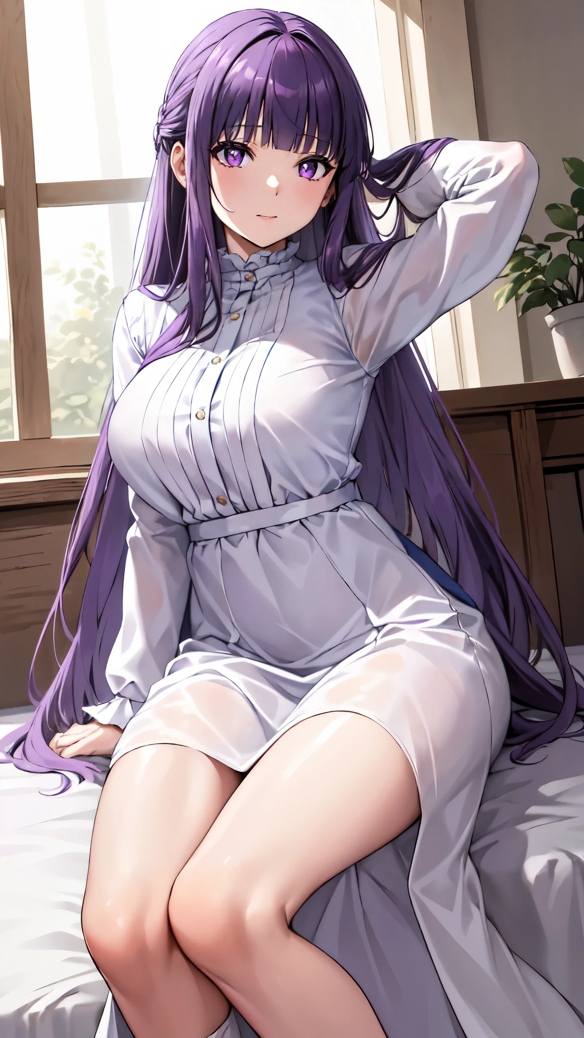 masterpiece, Highest quality, High resolution, Arfern, Long Hair, Purple Hair, Blunt bangs, Purple eyes, Large Breasts, Long dress, White Dress, Long sleeve, Sitting,arms behind head, Bedroom,(Puffing one’s cheeks), Cowboy Shot,