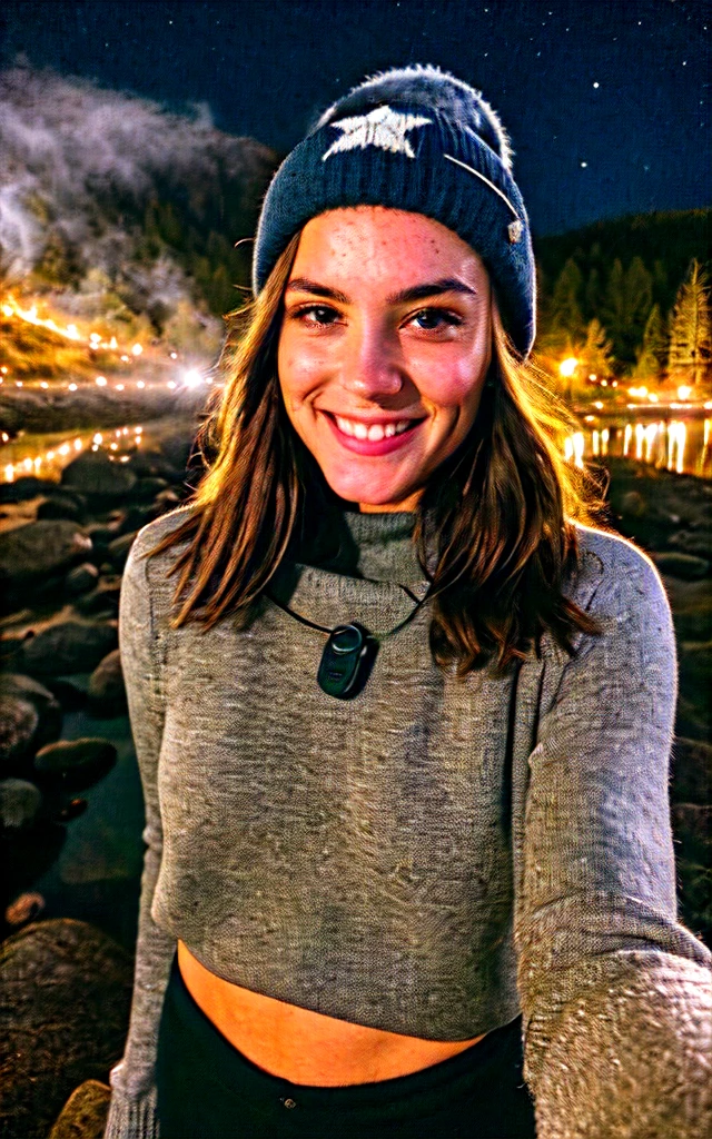 photograph, photo of beautiful woman, selfie, upper body, solo, wearing pullover, outdoors, (night), mountains, real life nature, stars, moon, cheerful, happy, gloves, sweater, beanie, forest, rocks, river, wood, smoke, fog, looking at viewer, skin texture, photo grain, close up, RAW photo