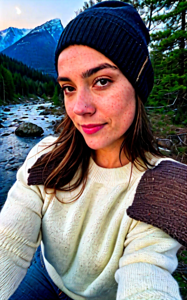 photograph, photo of beautiful woman, selfie, upper body, solo, wearing pullover, outdoors, (night), mountains, real life nature, stars, moon, cheerful, happy, gloves, sweater, beanie, forest, rocks, river, wood, smoke, fog, looking at viewer, skin texture, photo grain, close up, RAW photo