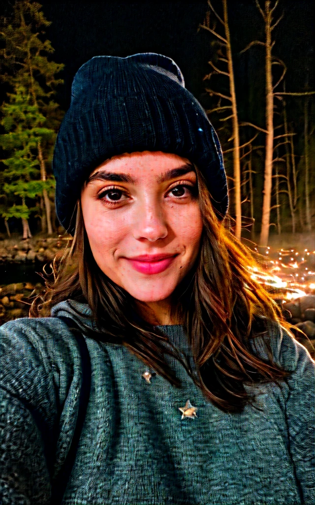 photograph, photo of beautiful woman, selfie, full body, solo, wearing pullover, no panties, perfect vulva, outdoors, (night), mountains, real life nature, stars, moon, cheerful, happy, gloves, sweater, beanie, forest, rocks, river, wood, smoke, fog, spreading legs, skin texture, photo grain, close up, RAW photo