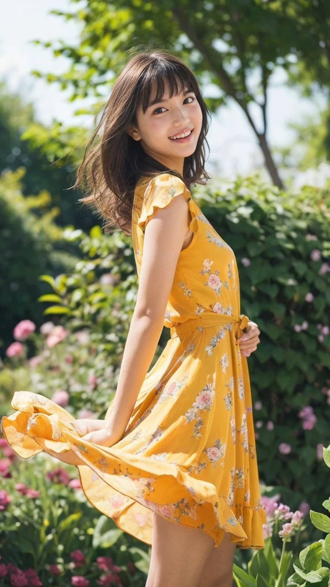 masterpiece, highest quality, disorganized, perfect anatomy, 1 girl, alone, pascal tales, short hair, beautiful, Hilarious, sunny day, botanical garden, Summer winds, sundress, Floral, wavy hair, smile