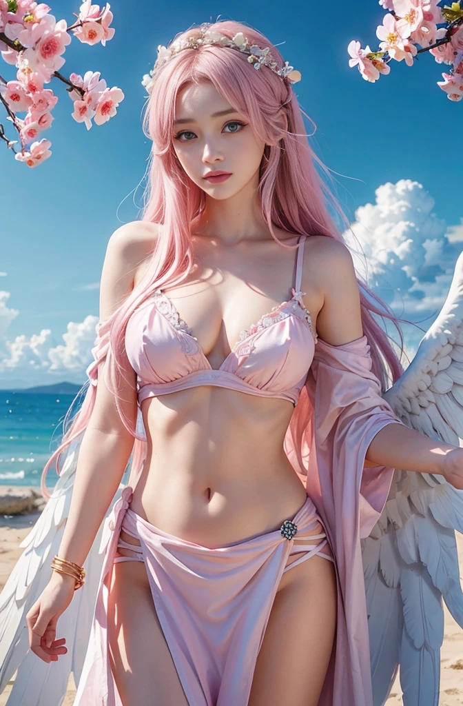 Ancient Greek clothing、Shoulder out、thin, Light pink hair, Pink Eyes, Pink and white,  Vibrant colors, Paint splashes, Wavy long hair,Angel, Many feathers fluttering、2. Big Wings of the Latissimus Dorsi、Above the Clouds ,Highest quality, masterpiece, Ultra-high resolution, (Realistic:1.4), RAW Photos, One Girl, Off the shoulder, Modest chest,