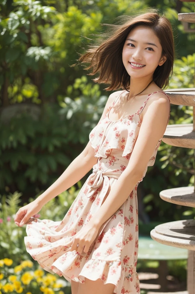 masterpiece, highest quality, disorganized, perfect anatomy, 1 girl, alone, pascal tales, short hair, beautiful, Hilarious, sunny day, botanical garden, Summer winds, sundress, Floral, wavy hair, smile