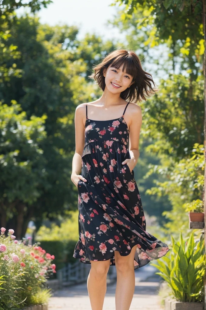 masterpiece, highest quality, disorganized, perfect ???????, 1 girl, alone, pascal tales, short hair, beautiful, Hilarious, sunny day, botanical garden, Summer winds, sundress, Floral, wavy hair, smile