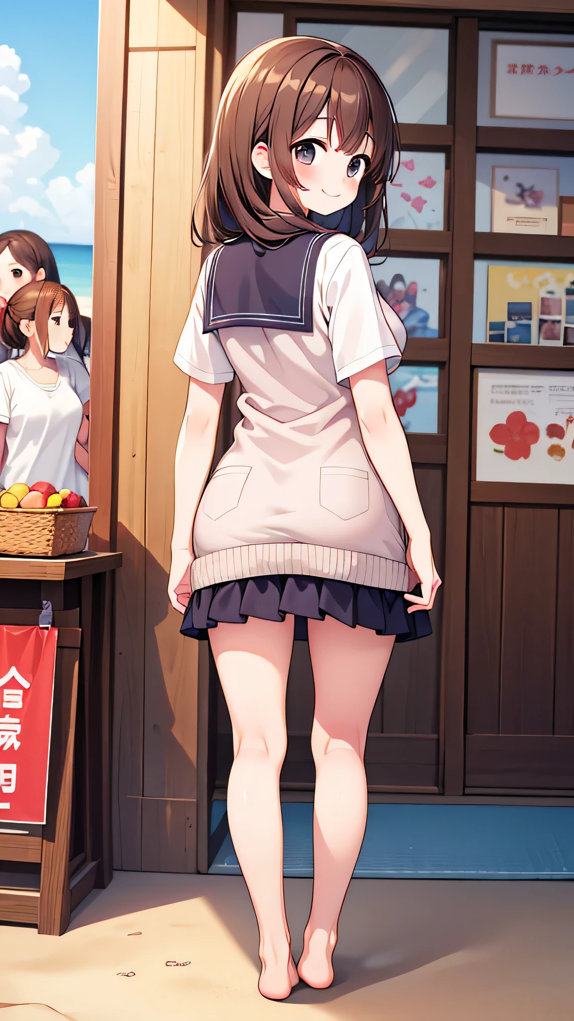 {Highest quality], [Super beautiful], [Ultra fine], [Best illustration], NSFW,Brown Hair, Hime cut,Bangs,girl,,uniform,knit cardigan,Short sleeve,skirt,smile, blush, Slender women,Standing posture,At the Beach,Summer festival,diagonal, barefoot,From the back