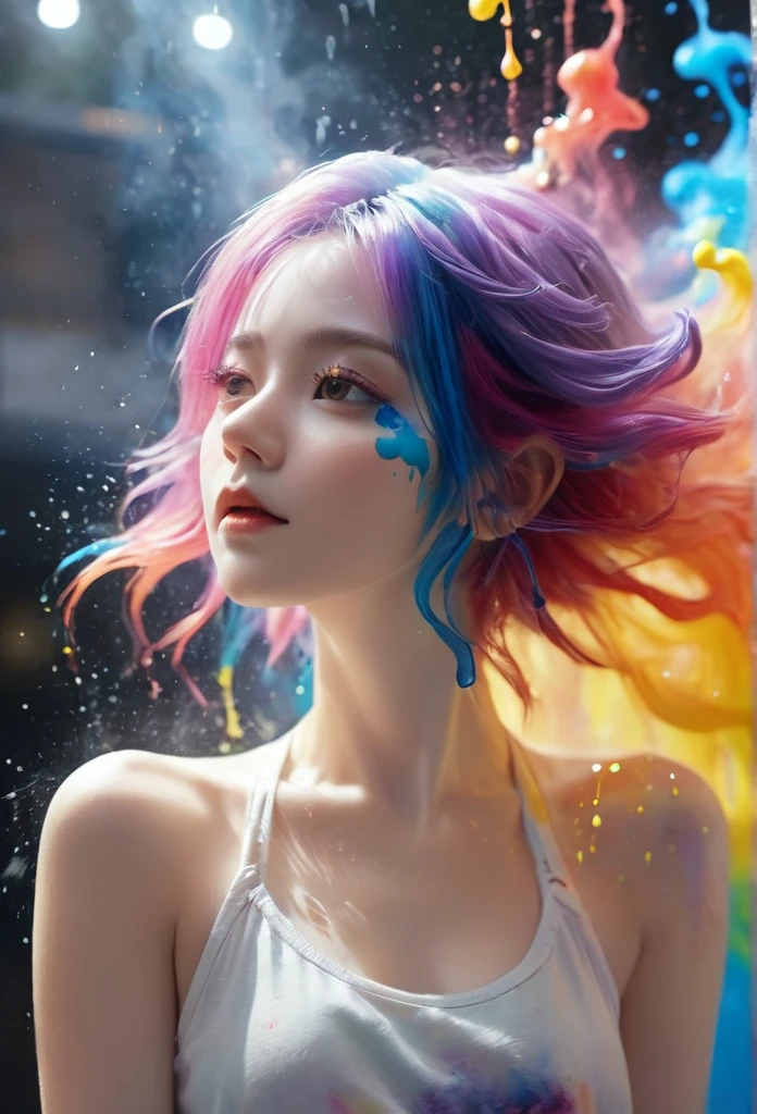 (level difference:1.8),(The paint collides and splashes onto the canvas),(depth of field),(flat color:1.1,(theme)),1 girl,Poster,Full body female love,Gale,dense smoke,,(Liquid dye for rainbow hair:1.1) Made of paint,anti-gravity,stringy viscous liquid,(paint splatter:1.3),liquidity,Amazingly beautiful, masterpiece, Detailed background,Super high quality model, ethereal background,abstract beauty, volume, painting,Blow,romantic lighting,subsurface scattering,glow,8k,high resolution, fantastic,Ray tracing,human development report,divine light,