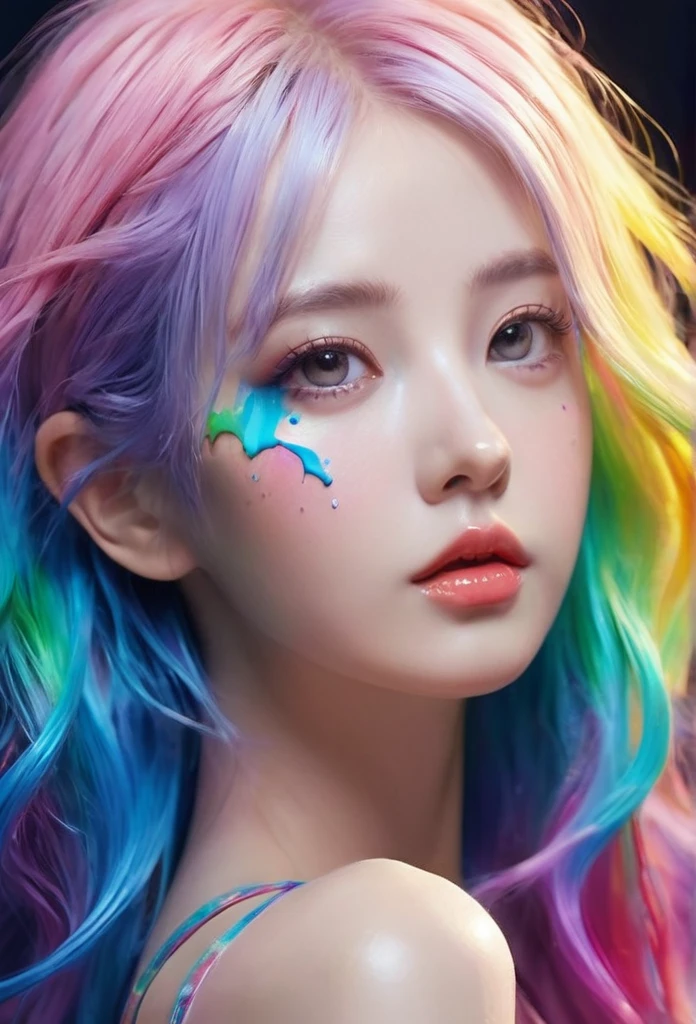 (level difference:1.8),(The paint collides and splashes onto the canvas),(depth of field),(flat color:1.1,(theme)),1 girl,Poster,Full body female love,Gale,dense smoke,,(Liquid dye for rainbow hair:1.1) Made of paint,anti-gravity,stringy viscous liquid,(paint splatter:1.3),liquidity,Amazingly beautiful, masterpiece, Detailed background,Super high quality model, ethereal background,abstract beauty, volume, painting,Blow,romantic lighting,subsurface scattering,glow,8k,high resolution, fantastic,Ray tracing,human development report,divine light,