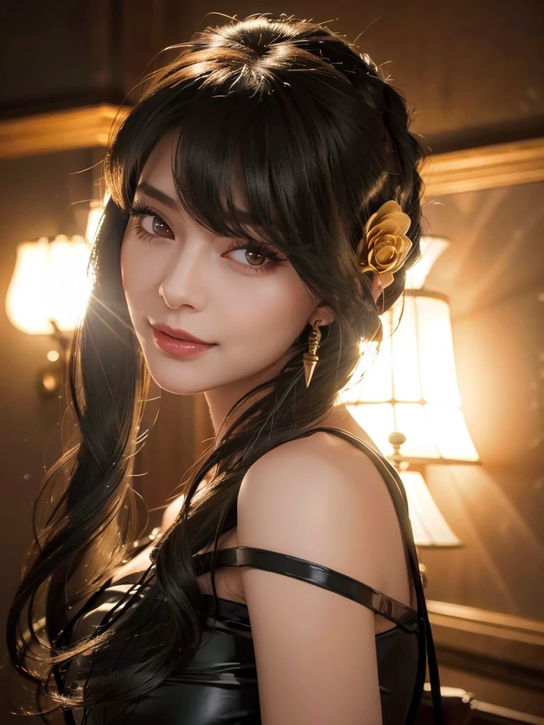 a beautiful woman, perfect figure, narrow waist, long chestnut hair, beautiful eyes, long eyelashes, lustrous lips, beautiful skin, beautiful smile, fashion model, attractive clothing, beautiful ornaments, black dress, cinematic scene, full moon night sky, (best quality,4k,8k,highres,masterpiece:1.2),ultra-detailed,(realistic,photorealistic,photo-realistic:1.37)