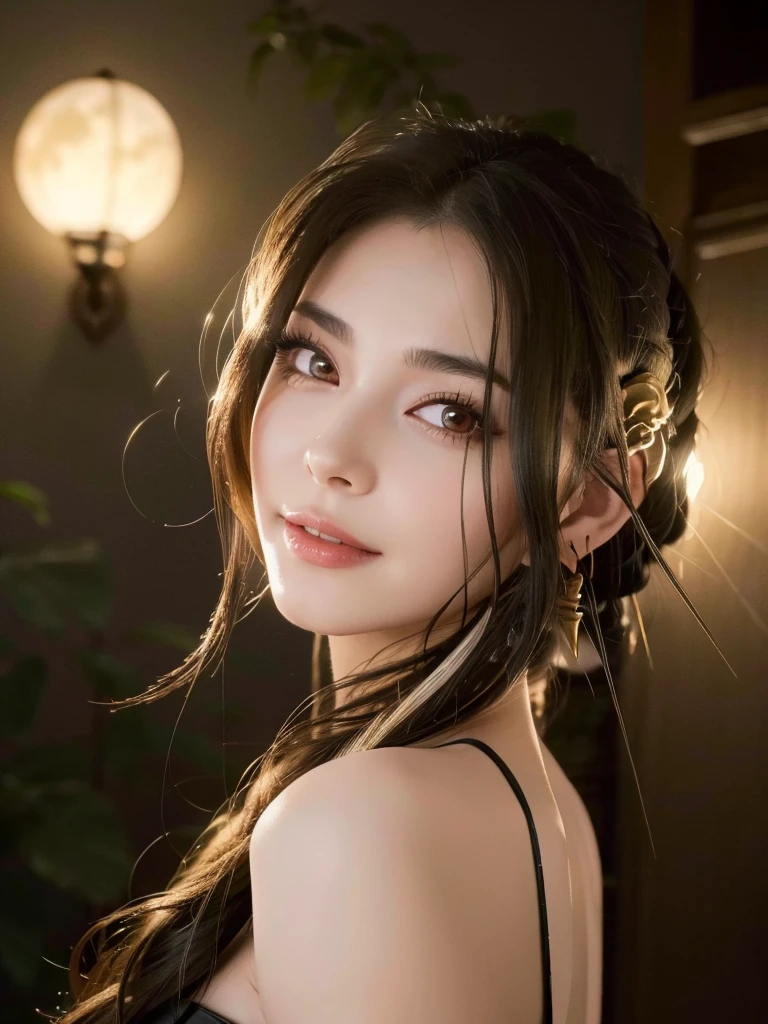 a beautiful woman, perfect figure, narrow waist, long chestnut hair, beautiful eyes, long eyelashes, lustrous lips, beautiful skin, beautiful smile, fashion model, attractive clothing, beautiful ornaments, black dress, cinematic scene, full moon night sky, (best quality,4k,8k,highres,masterpiece:1.2),ultra-detailed,(realistic,photorealistic,photo-realistic:1.37)