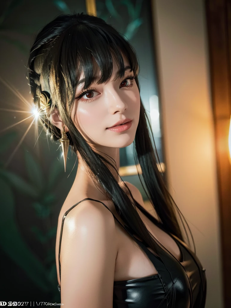 a beautiful woman, perfect figure, narrow waist, long chestnut hair, beautiful eyes, long eyelashes, lustrous lips, beautiful skin, beautiful smile, fashion model, attractive clothing, beautiful ornaments, black dress, cinematic scene, full moon night sky, (best quality,4k,8k,highres,masterpiece:1.2),ultra-detailed,(realistic,photorealistic,photo-realistic:1.37)