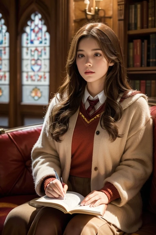 A young woman with light brown hair in a Gryffindor , facing forward with a serious expression,detailed facial features,sitting in intricate Hogwarts castle, warm lighting,vibrant colors,cinematic composition