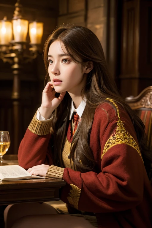 A young woman with light brown hair in a Gryffindor , facing forward with a serious expression,detailed facial features,sitting in intricate Hogwarts castle, warm lighting,vibrant colors,cinematic composition