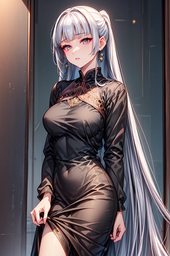 Masterpiece, Best Quality, girl, Silver hair, ponytail hair, Black eyes, facing front, Pink lips, thick eyelashes, Thick eyelids, Sharp Chin, Fantasy dress clothing, black dress, voiolet and golden pink colours in metallic dualchrome on her dress, lace, diamonds, designed by high fashion stylist that dress contains multicoloured geometrically shaped gems, leather black but with ashy rose or dusty rose undertone
High detailed jewelry
High detailed clothing
High detailed gem and diamond dress ornament
Two hands, two legs
High detailed face
High detailed eyes
Normal monochrome background, The body facing the viewer, Upper body only