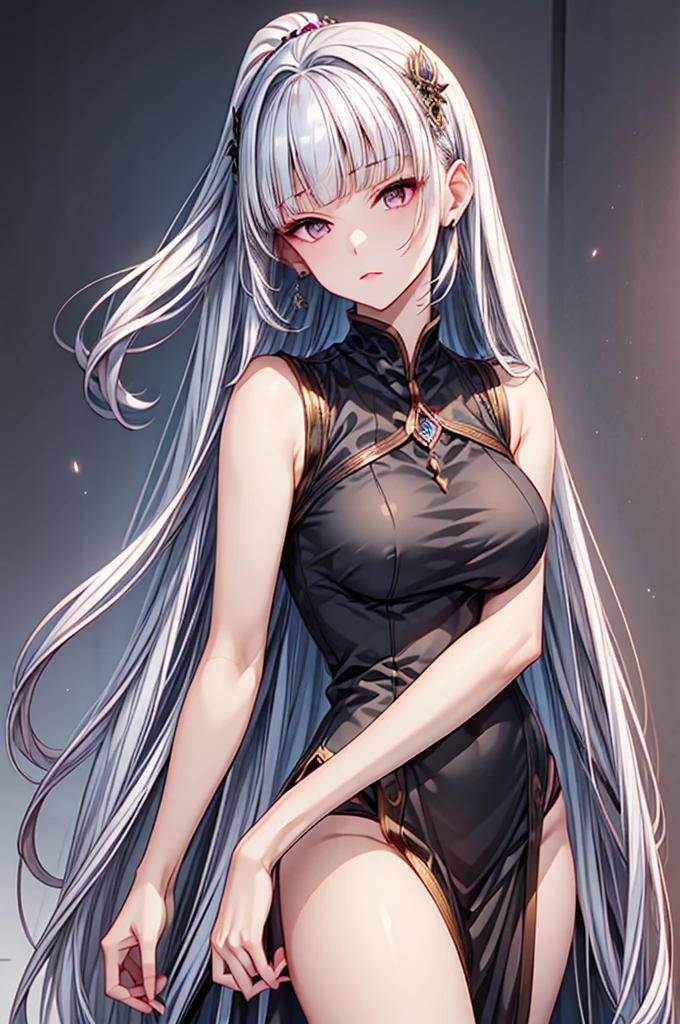 Masterpiece, Best Quality, girl, Silver hair, ponytail hair, Black eyes, facing front, Pink lips, thick eyelashes, Thick eyelids, Sharp Chin, Fantasy dress clothing, black dress, voiolet and golden pink colours in metallic dualchrome on her dress, lace, diamonds, designed by high fashion stylist that dress contains multicoloured geometrically shaped gems, leather black but with ashy rose or dusty rose undertone
High detailed jewelry
High detailed clothing
High detailed gem and diamond dress ornament
Two hands, two legs
High detailed face
High detailed eyes
Normal monochrome background, The body facing the viewer, Upper body only