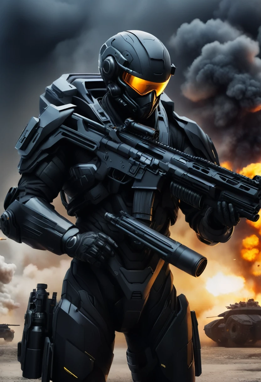 Draw a special forces soldier in a futuristic ultra-modern black matte exoskeleton suit, full length, without unnecessary people and characters in the frame, the figure of a fighter holds only one weapon in the form of a futuristic machine gun in both hands, is in the middle of the frame and goes straight, In the background there is a factory and a military base , explosions Style realistic photo, deep detail