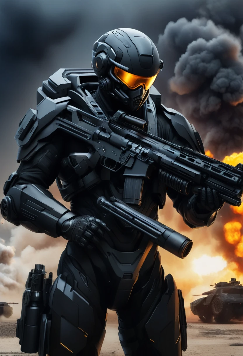 Draw a special forces soldier in a futuristic ultra-modern black matte exoskeleton suit, full length, without unnecessary people and characters in the frame, the figure of a fighter holds only one weapon in the form of a futuristic machine gun in both hands, is in the middle of the frame and goes straight, In the background there is a factory and a military base , explosions Style realistic photo, deep detail