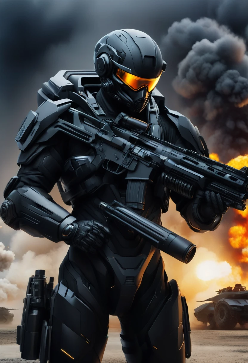 Draw a special forces soldier in a futuristic ultra-modern black matte exoskeleton suit, full length, without unnecessary people and characters in the frame, the figure of a fighter holds only one weapon in the form of a futuristic machine gun in both hands, is in the middle of the frame and goes straight, In the background there is a factory and a military base , explosions Style realistic photo, deep detail