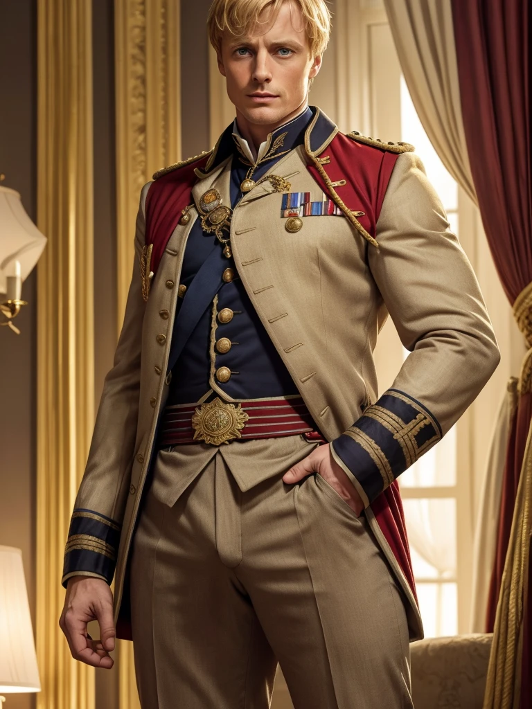 Bradley James handsome Victorian captain. The captain is 55 years old, muscular, blond, dressed in a ceremonial uniform, tight-fitting to his body and showing his muscles, buttoned up with all the buttons. His dreamy gaze is directed into the distance. The fly in the trousers is unbuttoned. Big and thick dick.