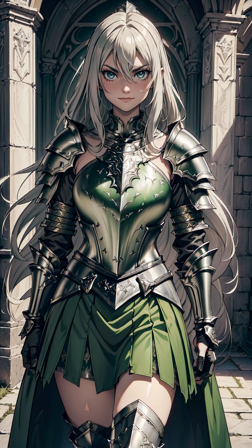 最high quality、Ultra High Definition, Ultra High Quality, Hyper Definition, Hyper Quality, Hyper Detailed, Extremely Detailed, Perfectly Detailed, Best image quality、masterpiece、woman((20-year-old、super dynamic pose , legs bent at the knees, Green solid eyes, Silver long Hair、Disheveled Hair、Long White Hair、thin, Glove、Green Skirt, Noble Armor, evil smile, wicked expression、Detailed Cuirass , Dressed in Full Coverage Noble Plate Armor)),high quality、Beautiful art、background((Inside the mansion))、Written boundary depth、 movie、Visual Arts、Perfect art、8K,Genuine、