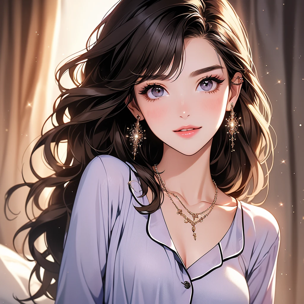 (It is a photo of the upper body), beautiful face, Highly detailed face and skin texture, (fine eyes), brown eyes, double eyelid, thin eyebrows, glitter eyeliner: 1.2, natural cheeks, shiny skin, Fair skin, (((wearing pajamas))), sparkly necklace and earrings, (glossy lips: 1. 4), (enchanting smile), (20-year-old), (wavy hair, diagonal bangs), short hair, head band, ((upper body shot)), ((focus on chest and face)), off shoulder、small breasts