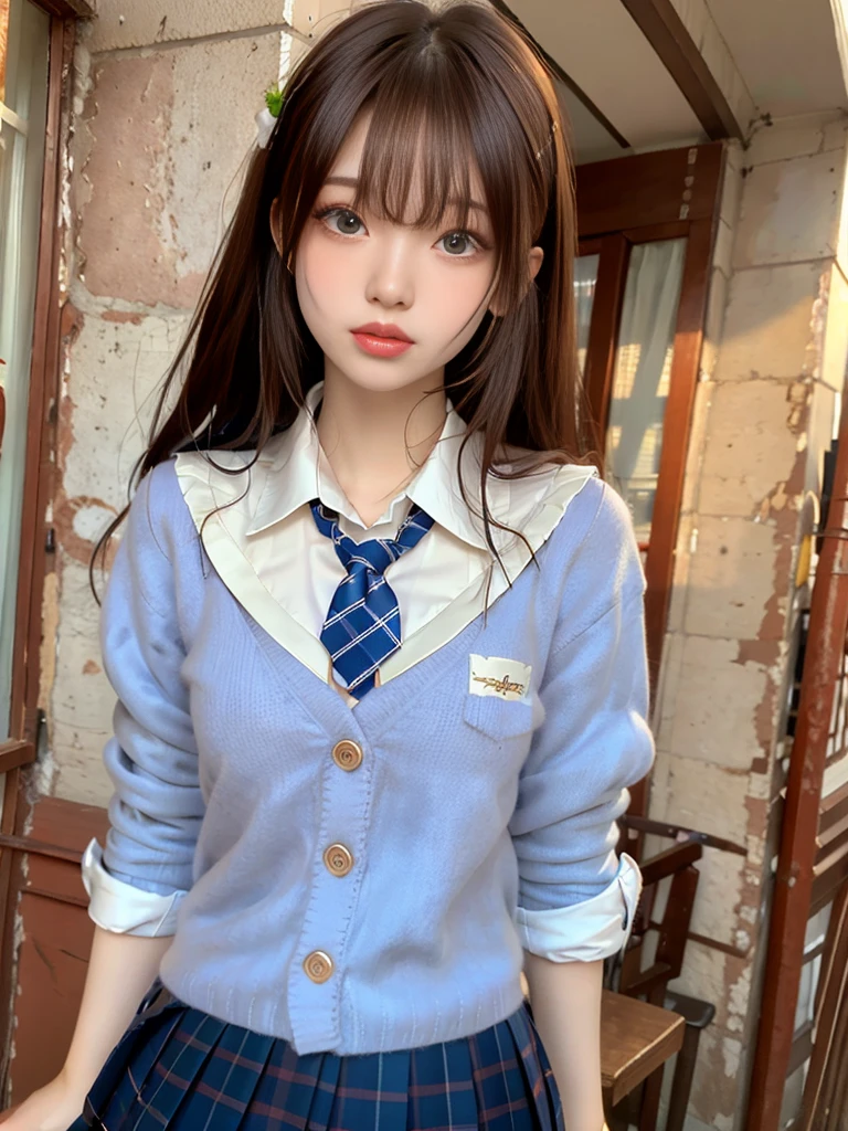 Bright expression、Photorealism、Highest quality、Ultra-high resolution、picture、The most beautiful photos of Nordic girls、A cute and beautiful face down to the last detail、Small Face、(Purelos Face_v1:0.008)、Beautiful Bangs、Alice in Wonderland、Young 17-year-old、Shiny white skin、ponytail、Bangs on the face、With bangs、Hair between the eyes、Super long hair、Attractive platinum blonde hair、Very long, silky hair、Attractive and radiant beauty、Large, bright, clear blue eyes、Nipples,thin,(((School uniform、school uniform)))、(((Schoolgirl uniform)))eyeliner、double eyelid、She opens her chest buttons to reveal her cleavage.