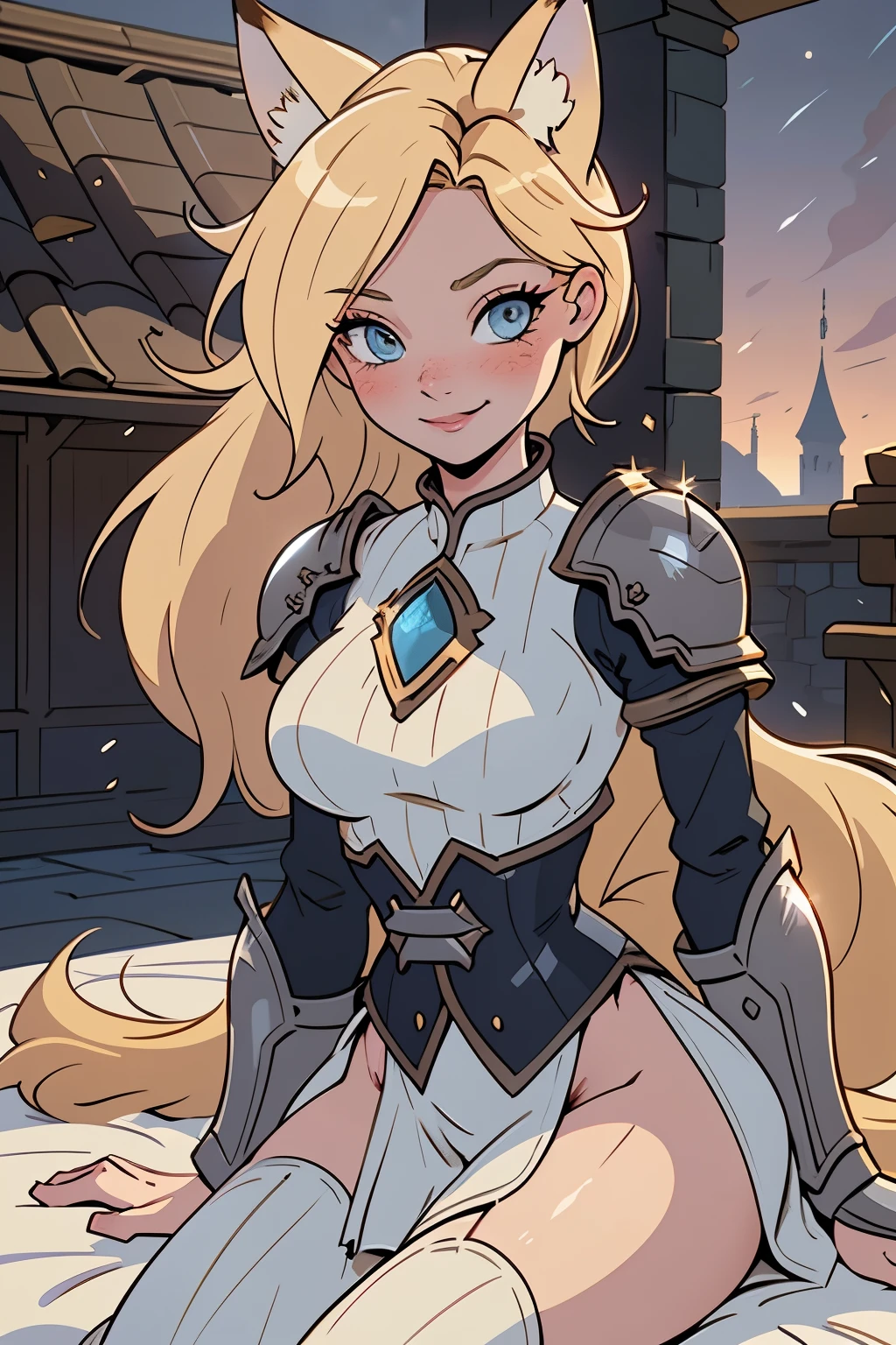 close up 1girl in, ager, Solo, Aesthetic artwork, blond, straight blonde hair, super long blonde hair, light blue eyes, some small freckles, pale skin, large breasts, runners body, (thin hips, thin waist: 1.25), (arched back:1.12), detailed skin, neutral face, shy smile, (laying down: 1.25), wearing leather Warcraft armor, World of Warcraft for the alliance, Janea Proudmore, (dirty blond fox ear:1.25), (detailed Castle roof background:1.1), rooftop, overlooking medieval city, 24mm, 4k textures, soft cinematic light, RAW intricate, elegant, highly detailed, sharp focus, ((((cinematic look)))), soothing tones, insane details, intricate details, hyperdetailed, low contrast, soft cinematic light, dim colors, exposure blend, hdr, faded