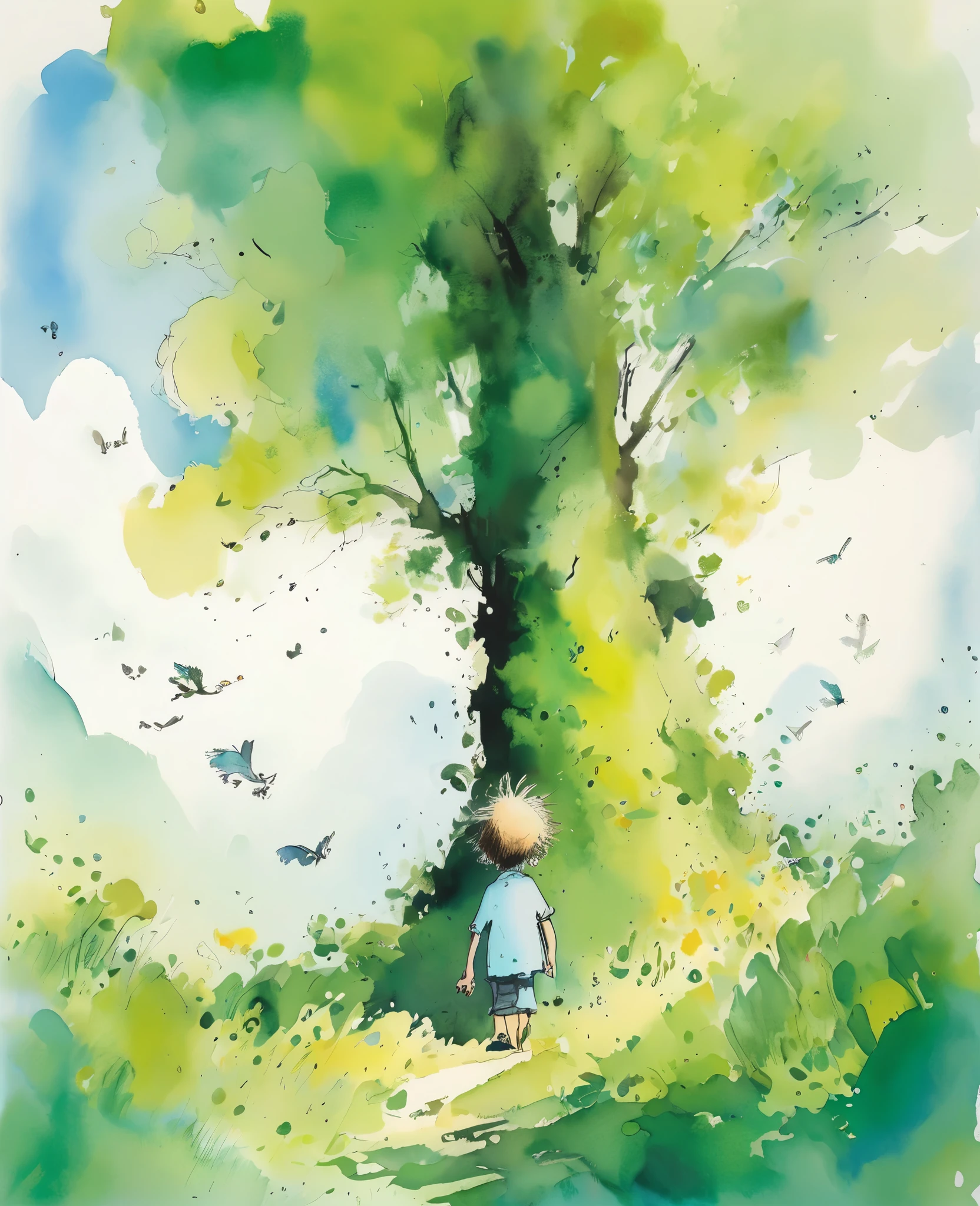 Quentin Blake style photo 、The morning when the sky was so blue that the white clouds disappeared、Portraiture、High resolution、The green forest shines white、Highest quality、masterpiece、Very detailed