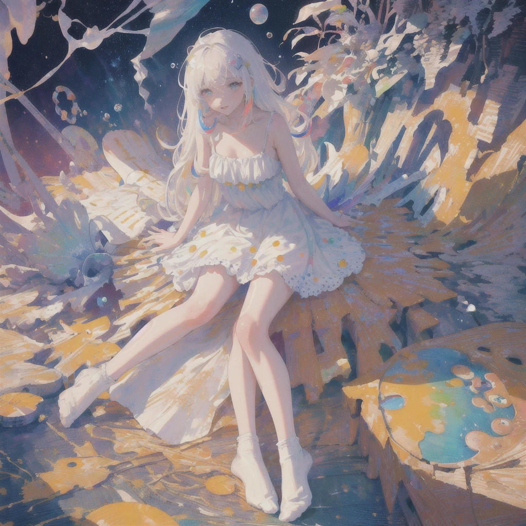 (masterpiece, best quality:1.2), (ultra detailed),(illustration), wallpaper, original, 1girl, messy white hair, spaghetti strap, white dress, bare legs, White socks, bare arms, space, Earth background, near-earth orbit, full body, ,(surrounded by colorful splashes and dot),colorful bubble,(shining)