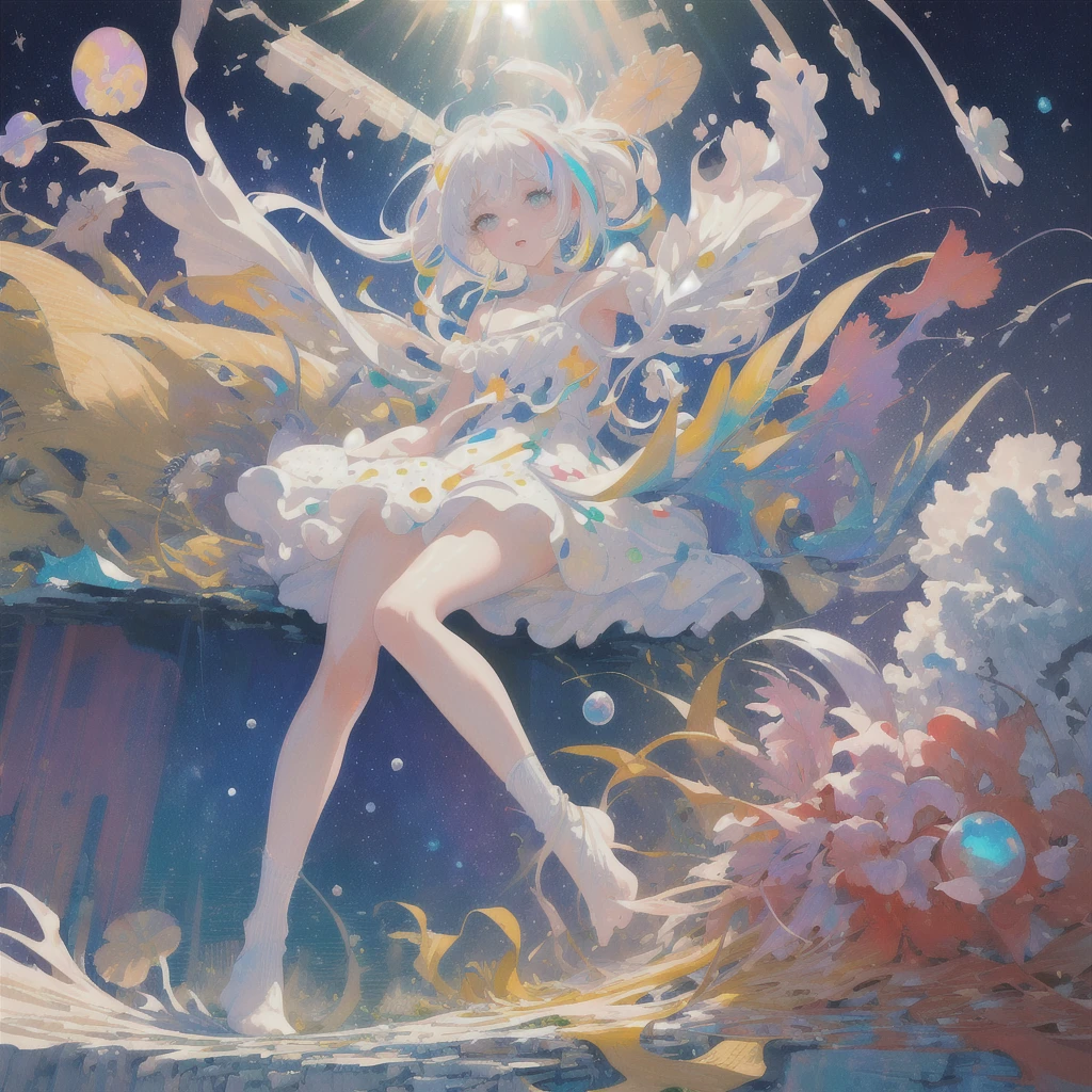 (masterpiece, best quality:1.2), (ultra detailed),(illustration), wallpaper, original, 1girl, messy white hair, spaghetti strap, white dress, bare legs, White socks, bare arms, space, Earth background, near-earth orbit, full body, ,(surrounded by colorful splashes and dot),colorful bubble,(shining)