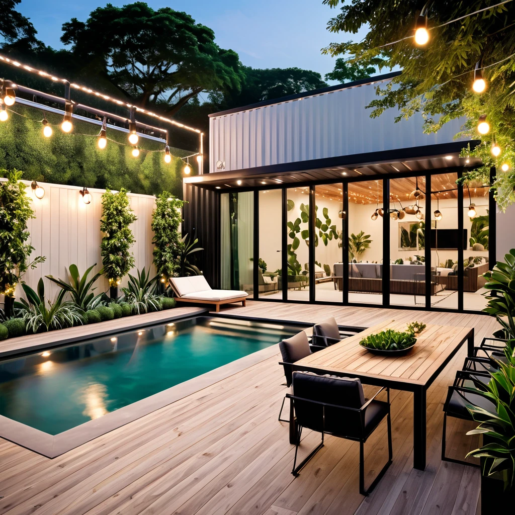 Create a luxurious and modern outdoor space with a sleek swimming pool. The setting should feature a container home with a stylish, industrial design. Include string lights for a cozy ambiance, comfortable outdoor seating with modern chairs and a table, and lush greenery around the area. The pool should have clear, illuminated water with modern lighting, creating a sophisticated and inviting atmosphere.
