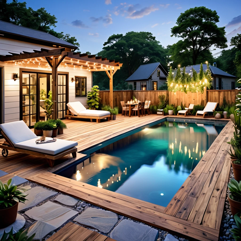 Design a cozy and rustic outdoor space with a charming swimming pool. The setting should include a container home with a warm, inviting design. Add string lights for a soft glow, comfortable lounge chairs with blankets, and a small dining area with rustic wooden furniture. Surround the pool with plants and natural elements, and ensure the water is clear and inviting with subtle lighting, creating a relaxing and intimate environment.