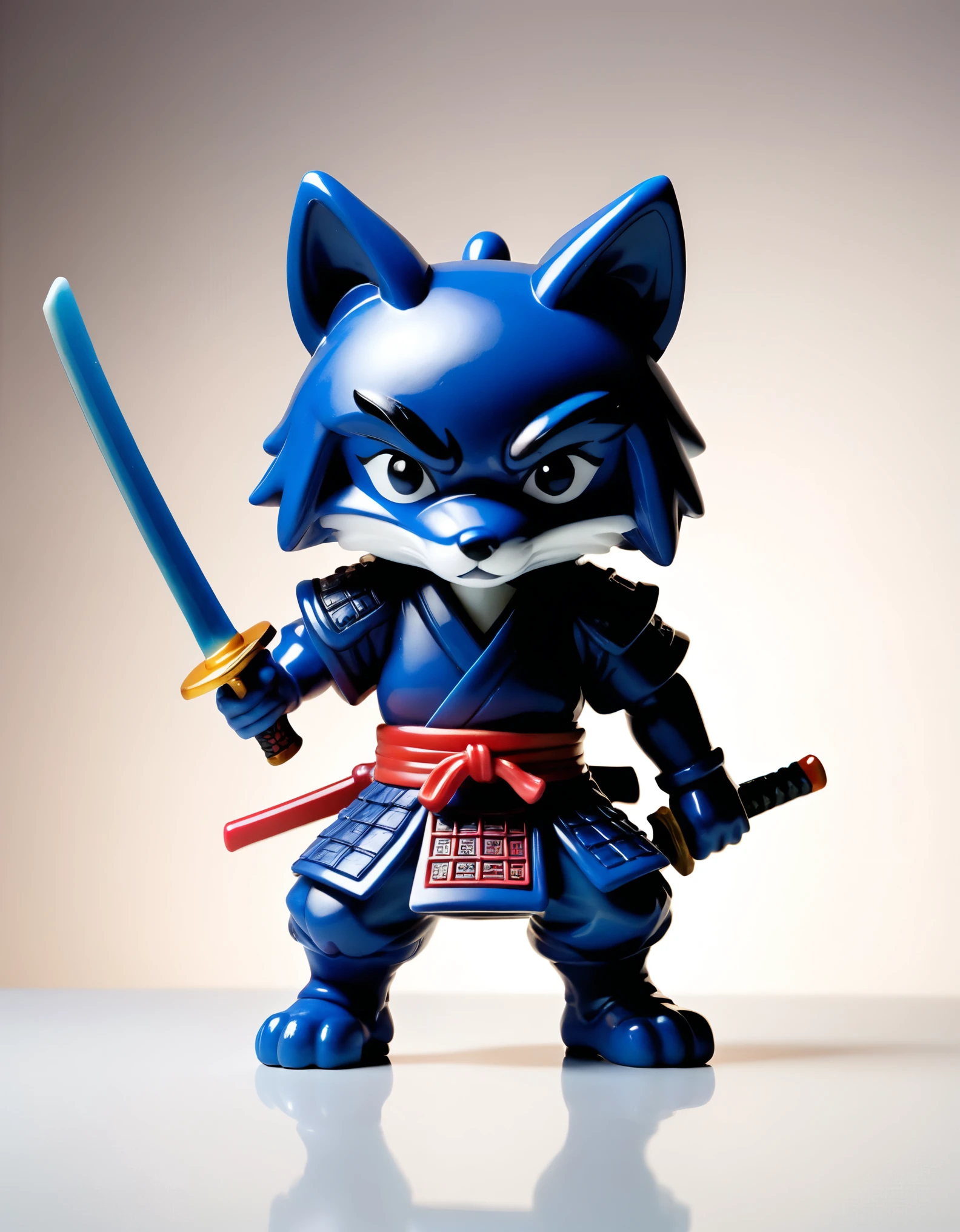 a wrathful samurai fox is storming the battlefield, plastic funky pop figurine, product, studio shot, plain background, diffused lighting, centered