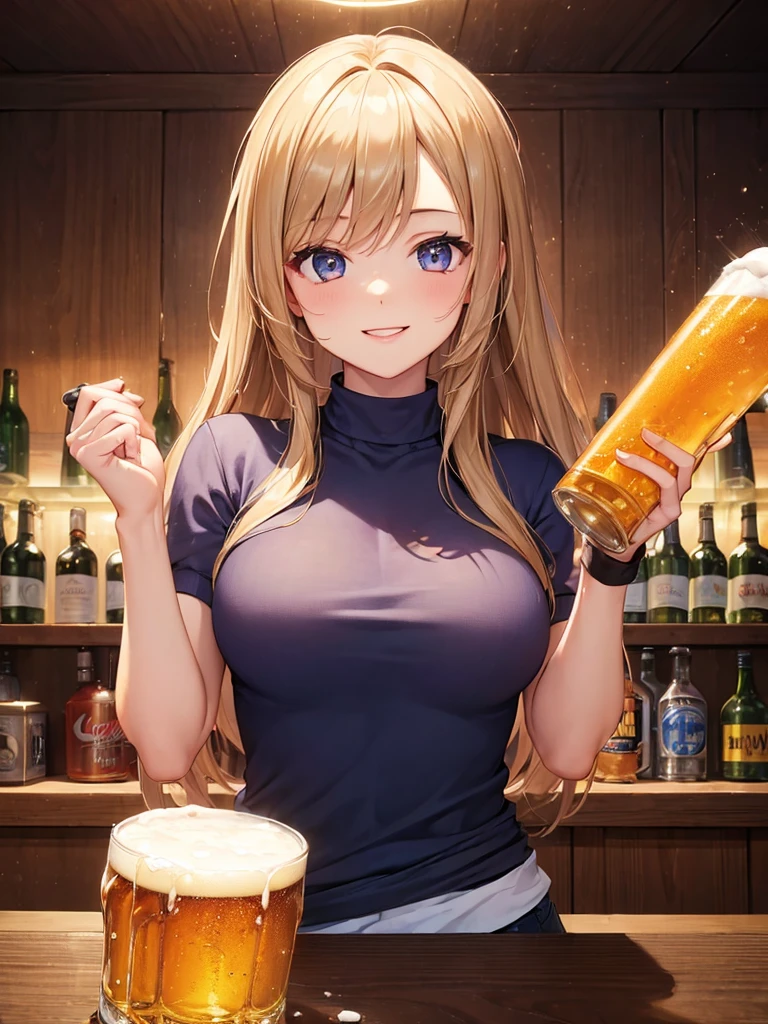 (masterpiece:1.5),(Beat quality),(high res),1girl solo,beautiful face,smile(shining eyes),upper body,light effects,Woman in plain clothes,Beer ,The background is a bar