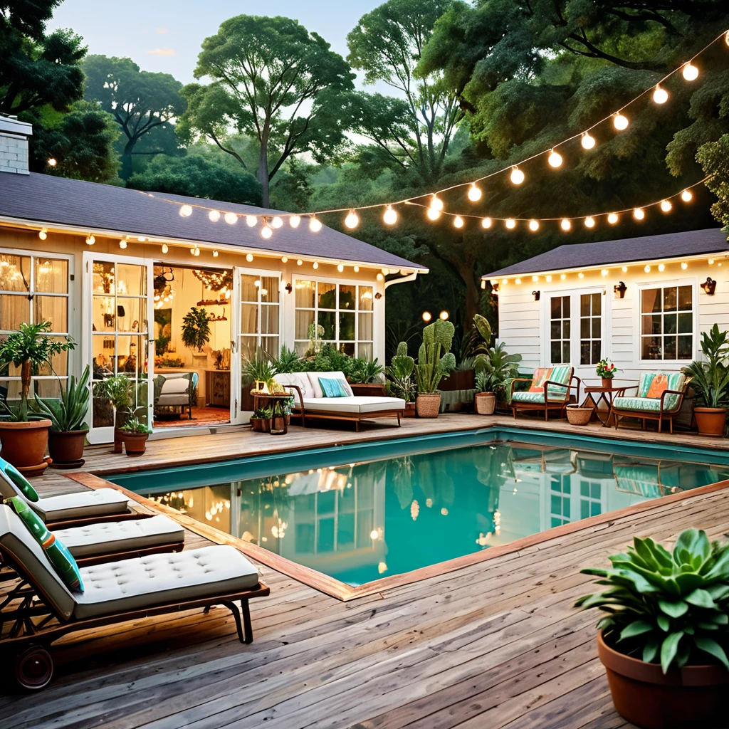 Generate a vintage-inspired outdoor space featuring a retro swimming pool. The setting should include a container home with a vintage aesthetic. Decorate with string lights for an old-world charm, vintage-style furniture for seating and dining, and various potted plants around the pool area. The pool should have clear, reflective water with classic lighting, and the overall atmosphere should be nostalgic and tranquil, blending modern comfort with vintage style.