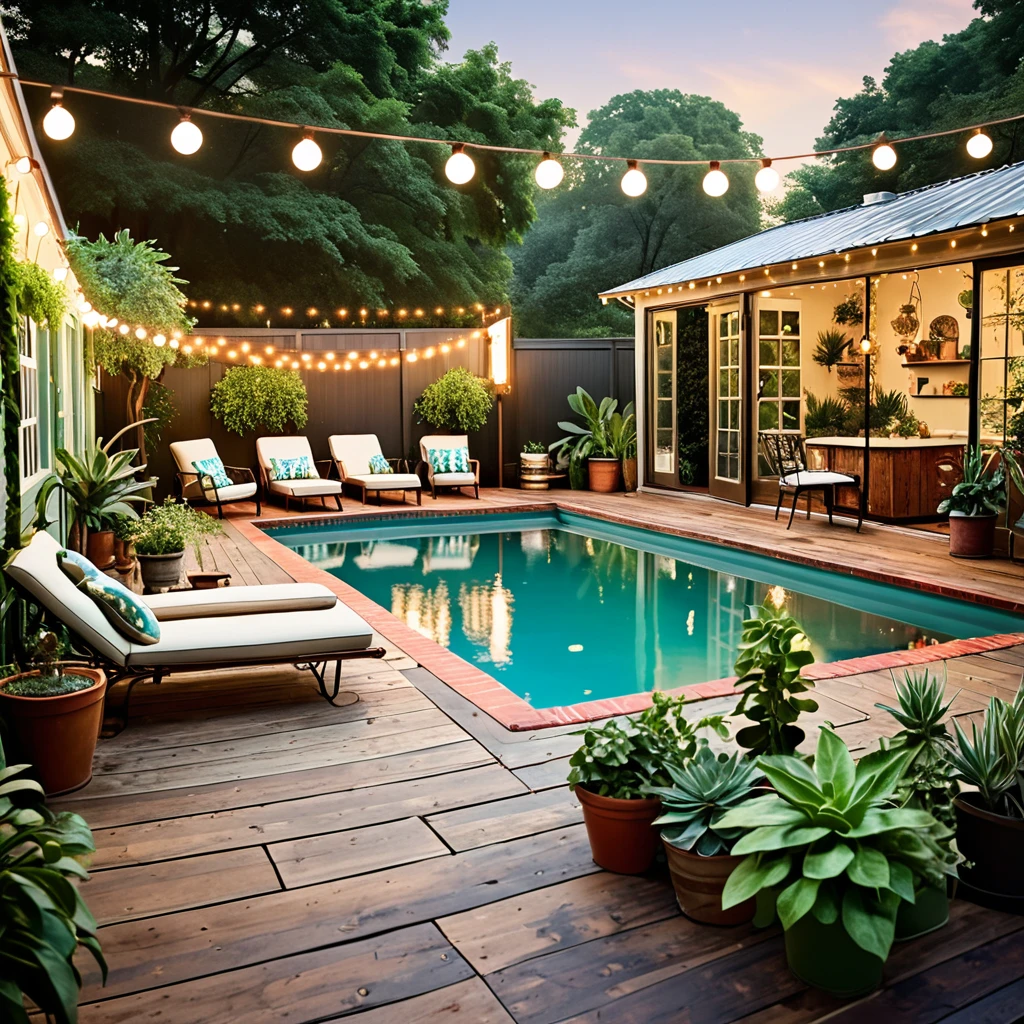 Generate a vintage-inspired outdoor space featuring a retro swimming pool. The setting should include a container home with a vintage aesthetic. Decorate with string lights for an old-world charm, vintage-style furniture for seating and dining, and various potted plants around the pool area. The pool should have clear, reflective water with classic lighting, and the overall atmosphere should be nostalgic and tranquil, blending modern comfort with vintage style.
