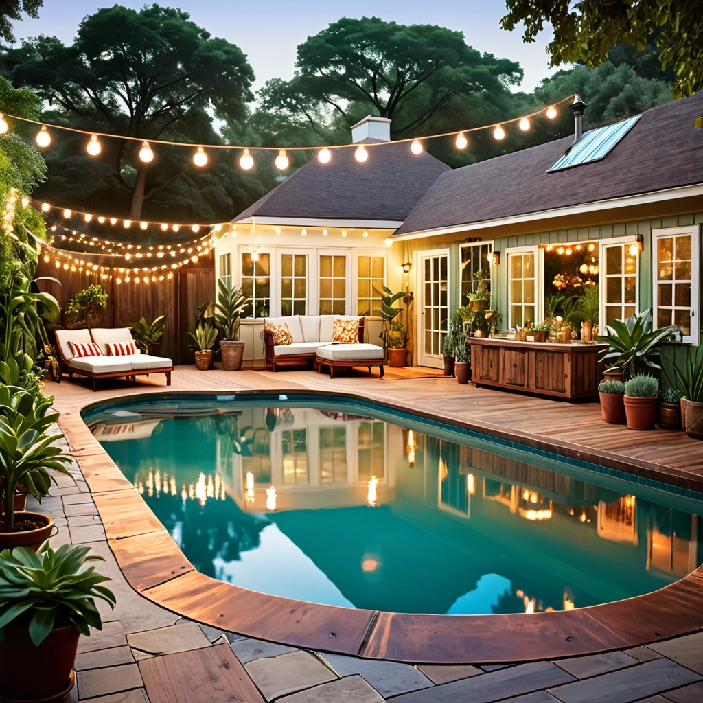 Generate a vintage-inspired outdoor space featuring a retro swimming pool. The setting should include a container home with a vintage aesthetic. Decorate with string lights for an old-world charm, vintage-style furniture for seating and dining, and various potted plants around the pool area. The pool should have clear, reflective water with classic lighting, and the overall atmosphere should be nostalgic and tranquil, blending modern comfort with vintage style.