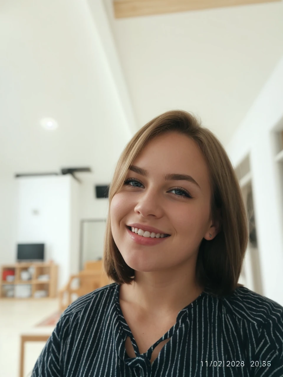 21 year old Scandinavian glamour model, detailed eyes, eyelashes, forehead, short hair, blonde hair, looking at viewer, smile