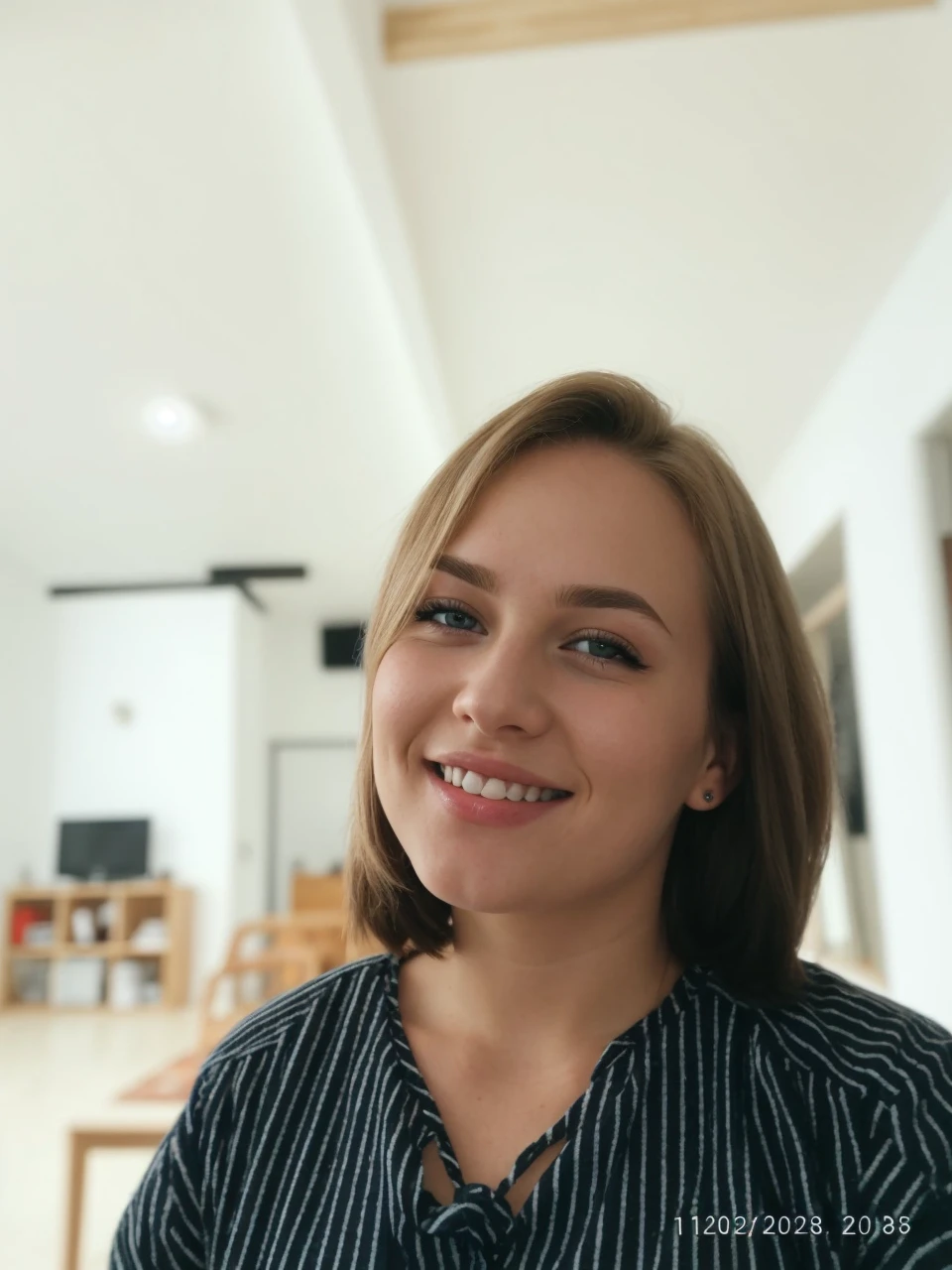 21 year old Scandinavian glamour model, detailed eyes, eyelashes, forehead, short hair, blonde hair, looking at viewer, smile