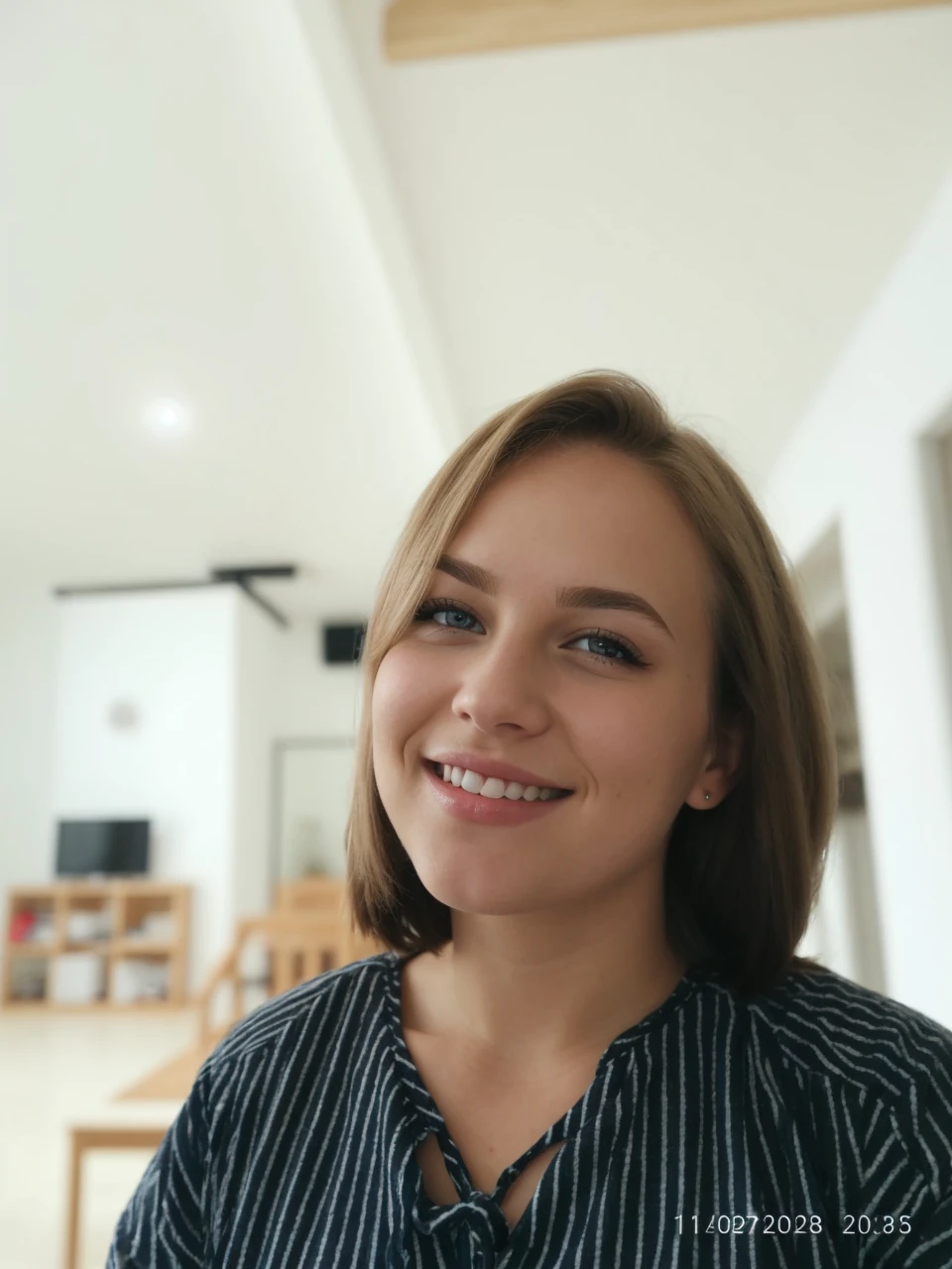 21 year old Scandinavian glamour model, detailed eyes, eyelashes, forehead, short hair, blonde hair, looking at viewer, smile
