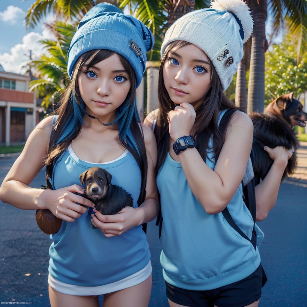 Anime Girl (((Backpack))) and (((Four dogs in the coconut grove))), ((((Blue Eyed Girl)))), (((The girl is wearing a beanie))), Lovely and detailed digital art, Cute numbers, ((((The camera is in front of the character)))), Artwork in the style of Guweiz, Realistic anime 3D style, Anime styled 3d, 渲染一个可爱的 3D Anime Girl, Produced in collaboration with Anime Painter Studio, Anime style. 8K, Children's art on the art station, Cute girl anime visual,