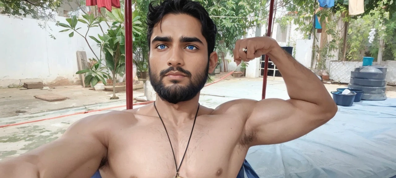masterpiece, (best quality:1.4), portrait Solo, young male, long hair, kurta pajama, bodybuilder, indian, blue eyes, muslim 
