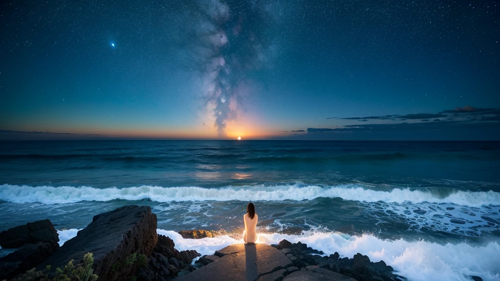 Starry Sky、Big full moon、Ocean岸、Ocean、Cinematic、8K、high resolution、Fantasy、milky way。